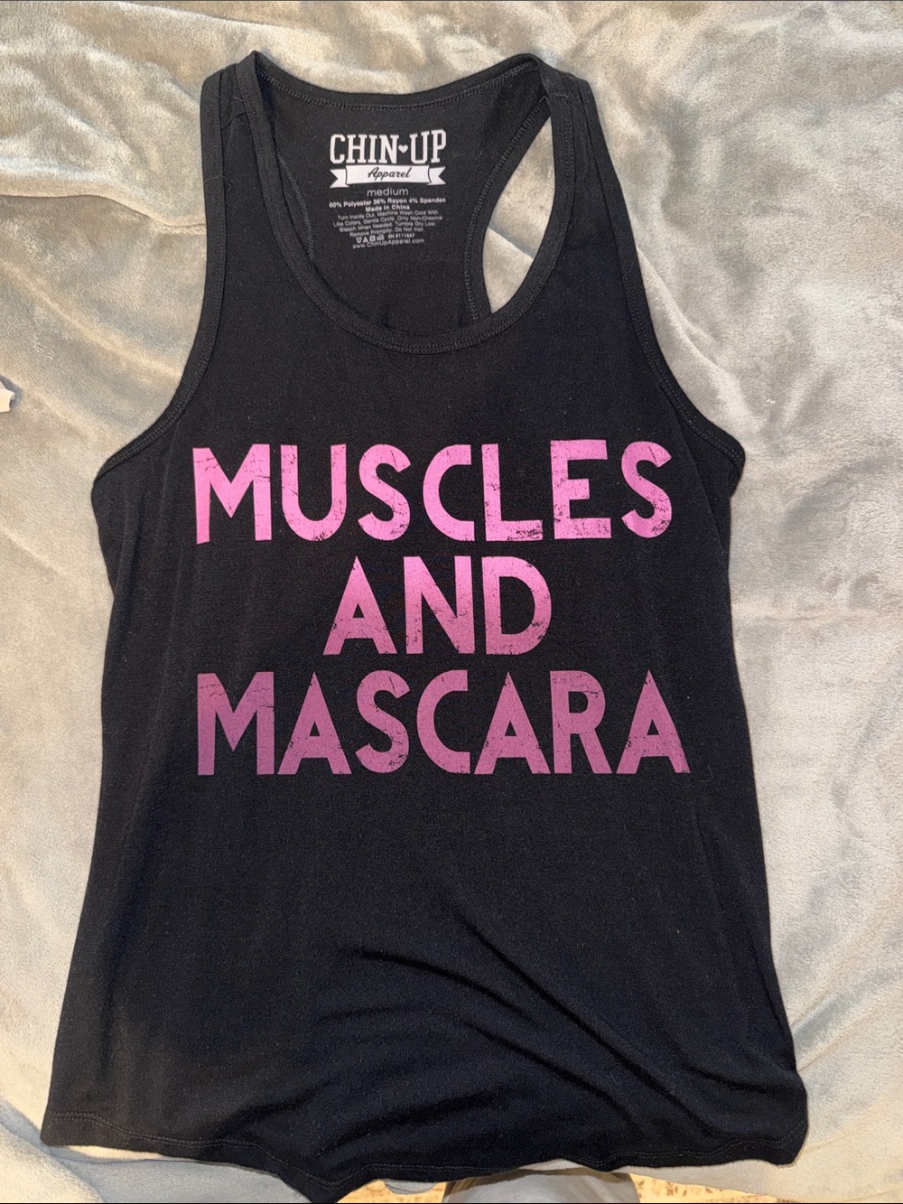 Chin Up Apparel Black Tank with Pink 'Muscles and Mascara' Text
